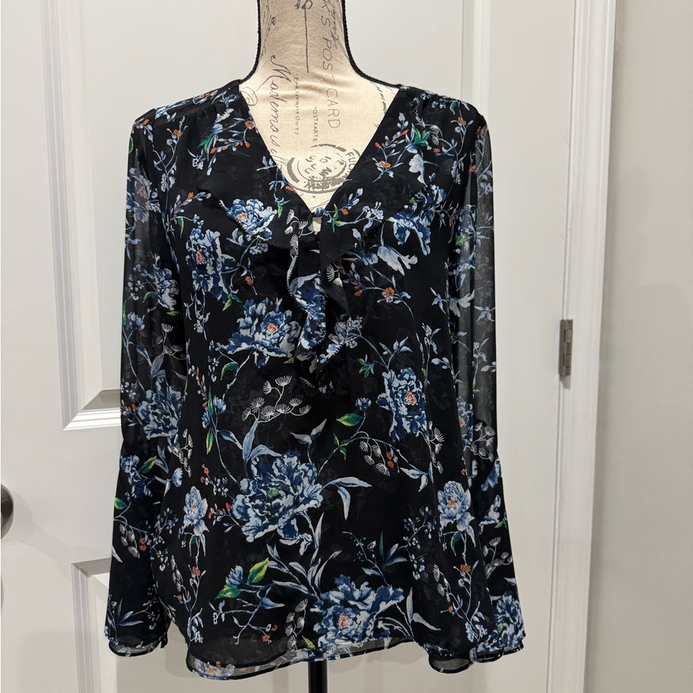 White House Black Market Black Floral Ruffle V-Neck Blouse